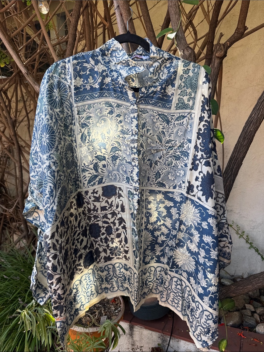 Johnny Was Blue and Cream Floral Patchwork Silk Tunic